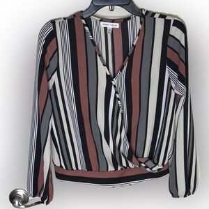 Women's Striped Wrap Blouse - Black, Terra cotta, Gray, cream.  Women’s Small